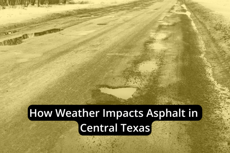 Damaged asphalt road with multiple potholes and puddles, illustrating how weather impacts asphalt surfaces in Central Texas.
