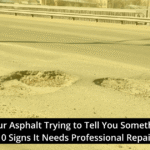 Two large potholes are visible on a sunlit asphalt road with a metal guardrail in the background; text overlay discusses signs asphalt needs repair.
