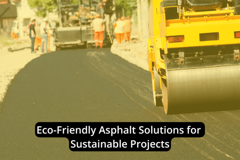 A yellow asphalt roller compacts fresh pavement on a road construction site with workers and equipment in the background. Text reads: “Eco-Friendly Asphalt Solutions for Sustainable Projects.”.
