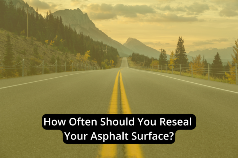 A paved road with mountains in the background and the text, "How Often Reseal Asphalt Surface?" written across the image.